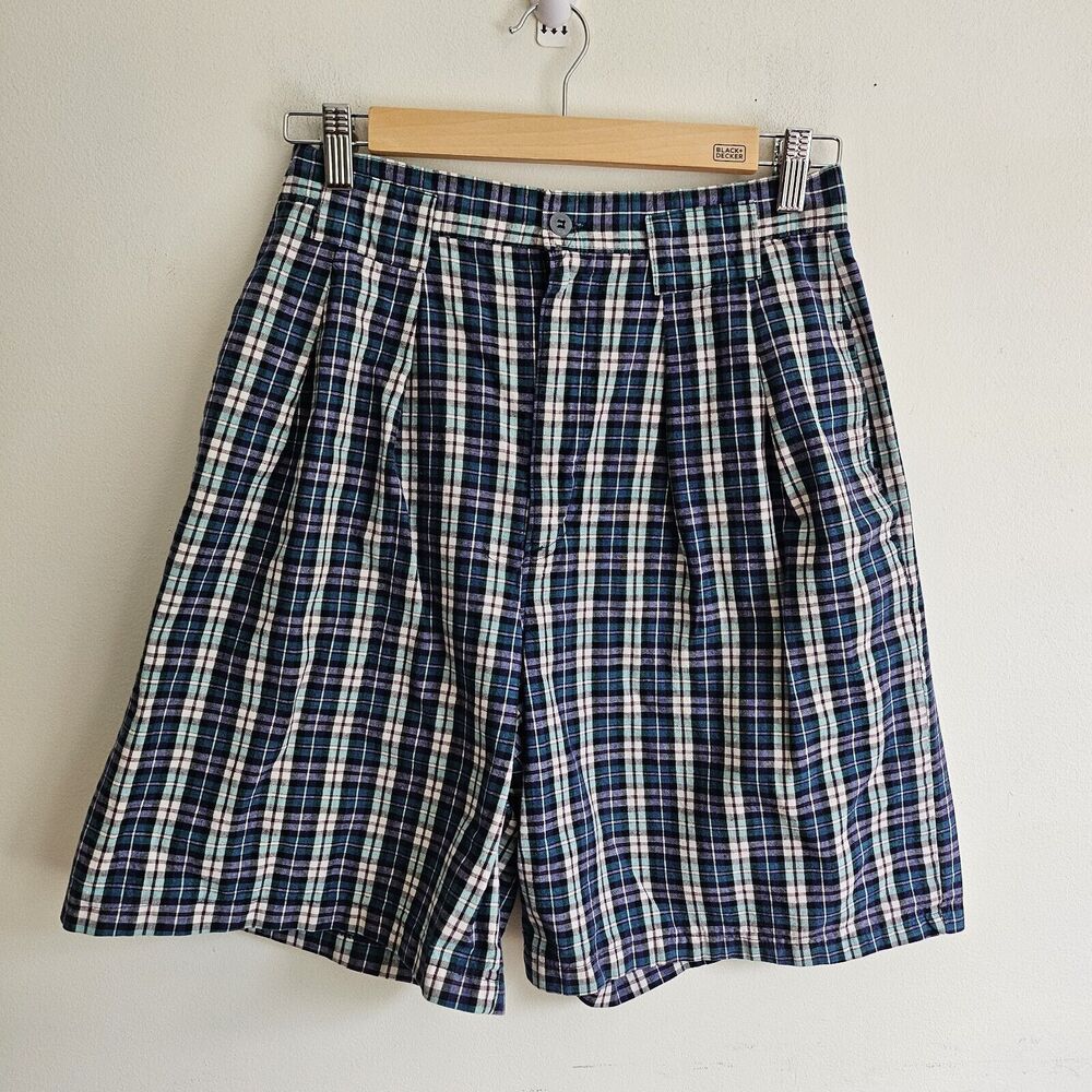 VTG Palmettos Womens Juniors 11 Shorts High Waist Blue Plaid Pleats Pockets
